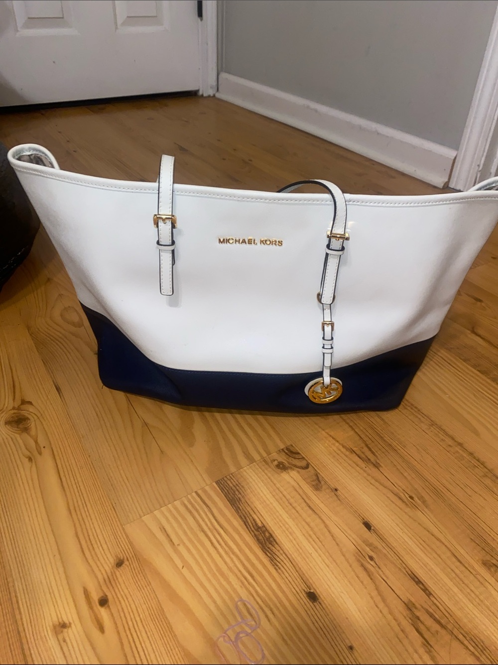 Michael Kors White and Navy Leather Tote with Gold Hardware